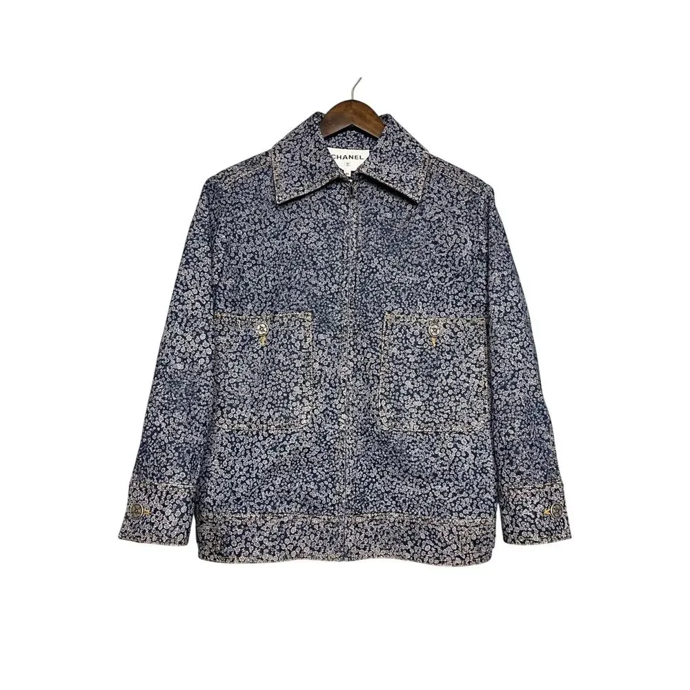 CHANEL Camellia CC Floral Denim Jean Jacket Oversized Bomber Size 34 Women’s 2
