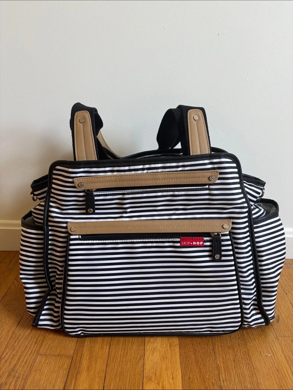 Skip Hop Black & White Striped Backpack Tote with Tan Accents