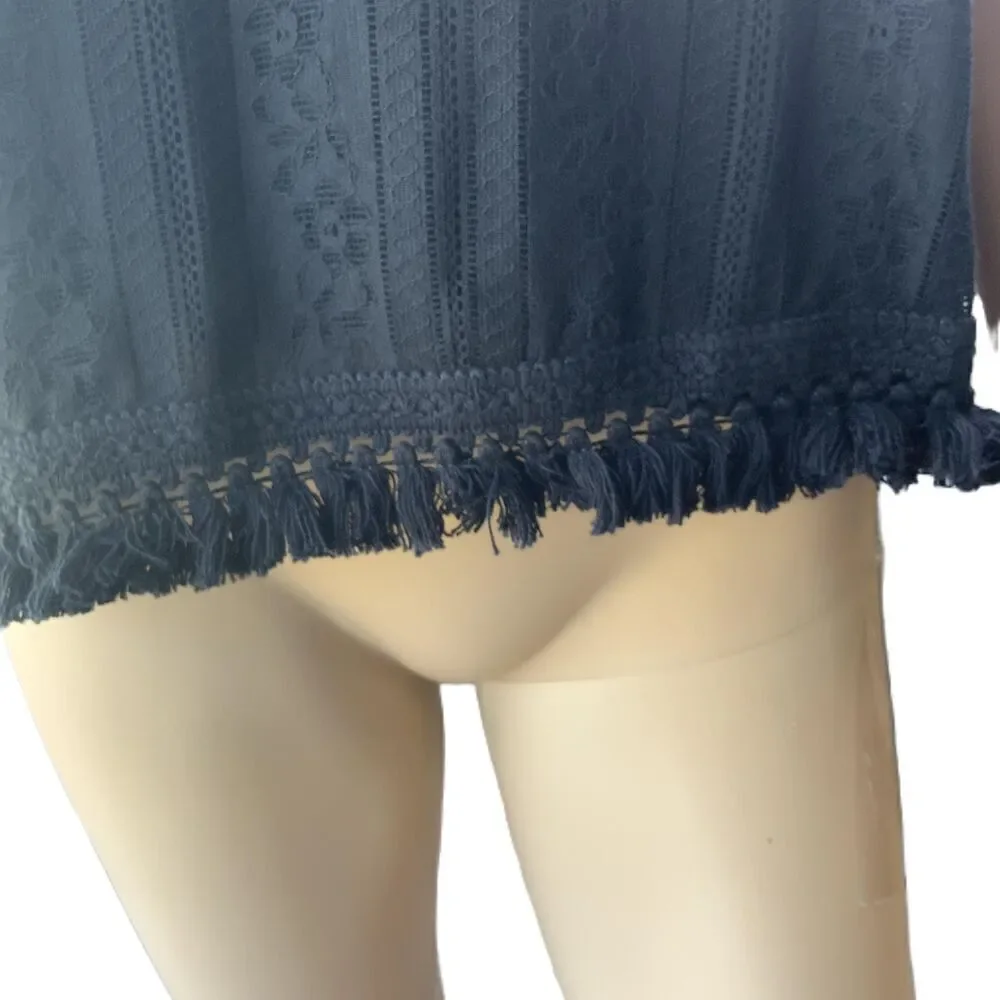 Michael Kors Black Lace‎ Cotton Fringe Hem Short Sleeve Blouse Size Large
