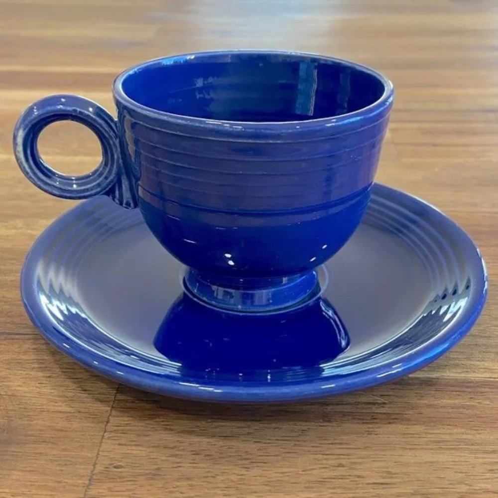 Fiestaware Vintage Mid Century Modern Dinnerware Cup Saucer Set Cobalt Blue