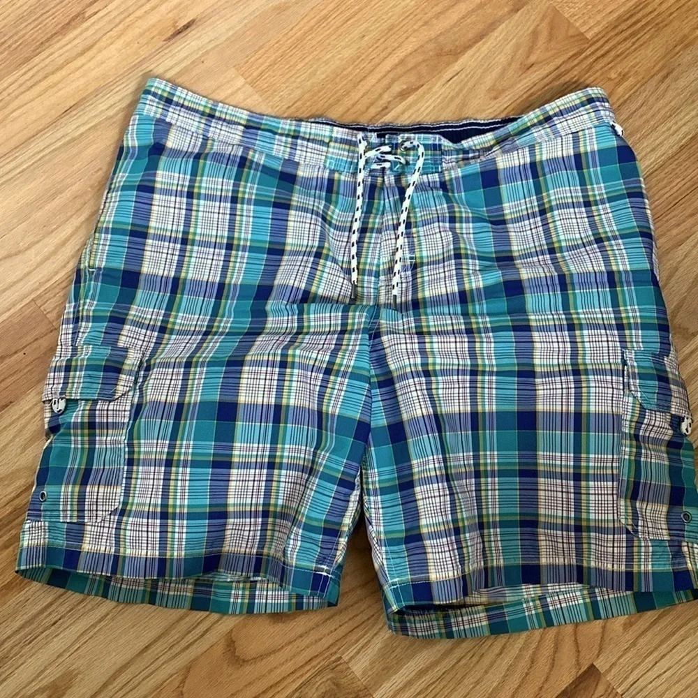 Lands End Madras Plaid Swim Trunks Mens XXL Preppy Nautical Board shorts Surf