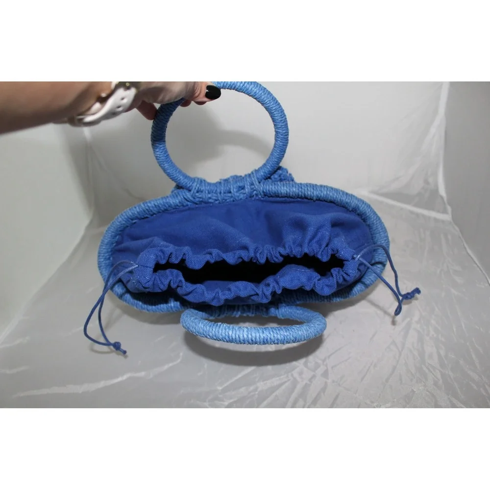 Banana Republic Blue Woven Straw Pom Pom Mini Tote Bag Drawstring Basket Handbag
