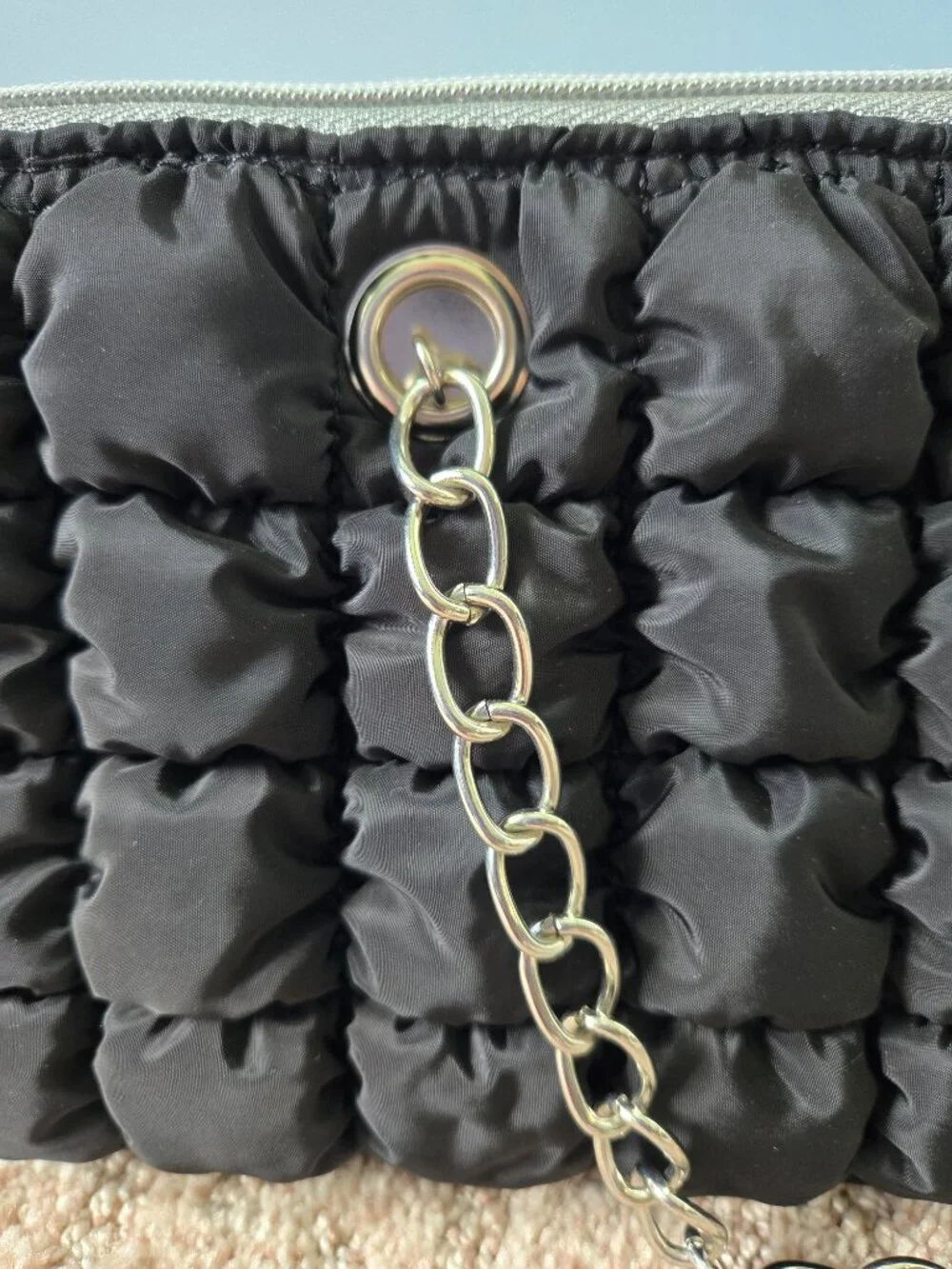 Black Quilted Insulated Wine Tote Bag Purse, Silver Chain Handles, NWOT!