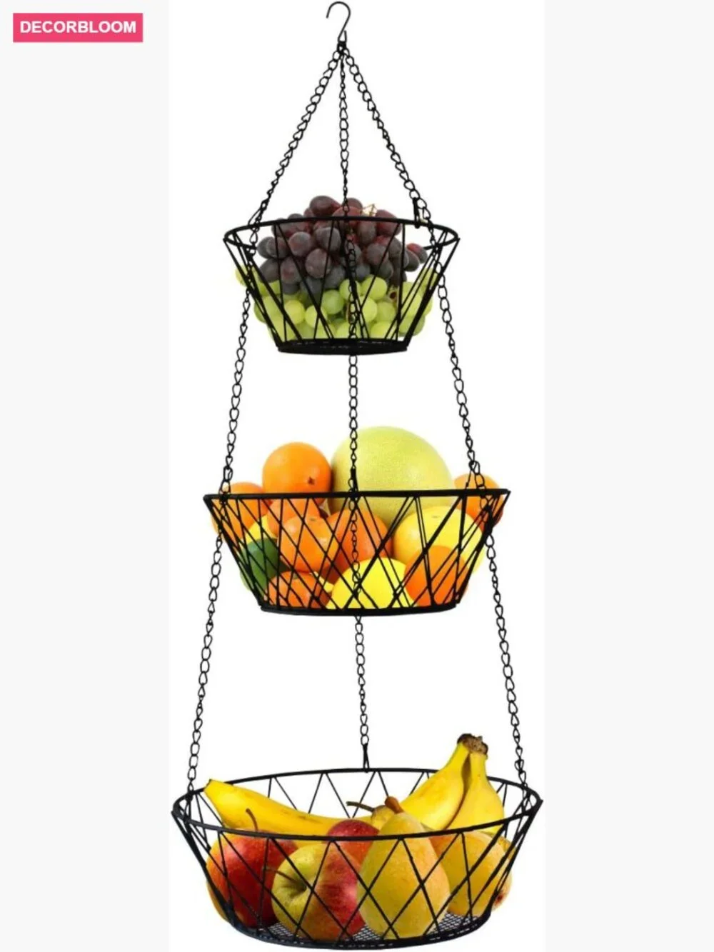 3 Tier Hanging Fruit Basket, Heavy Duty Iron Kitchen Storage
