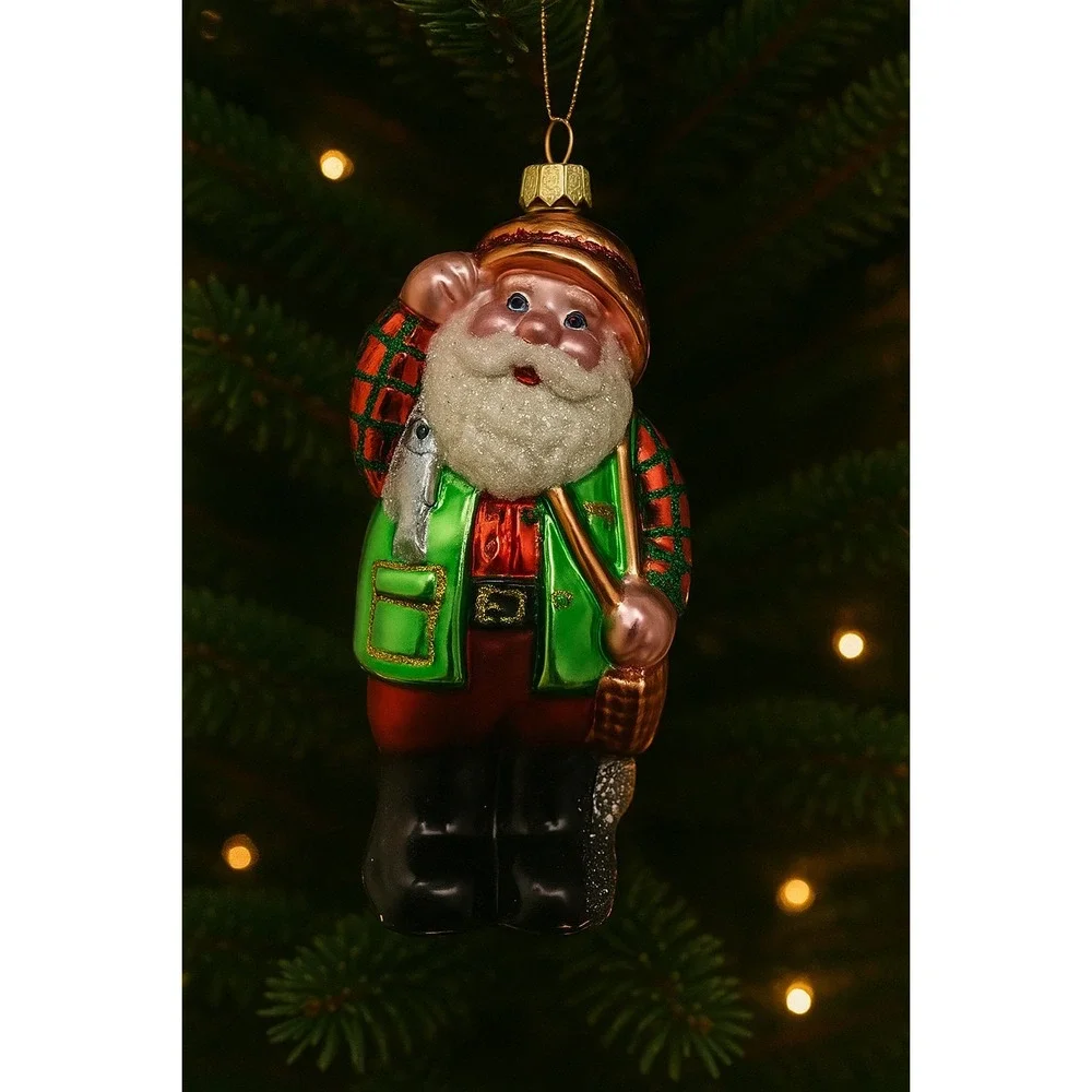 VTG 1990's Holiday Time‎ Ornament Fisherman Fishing Santa Glass Hand Painted