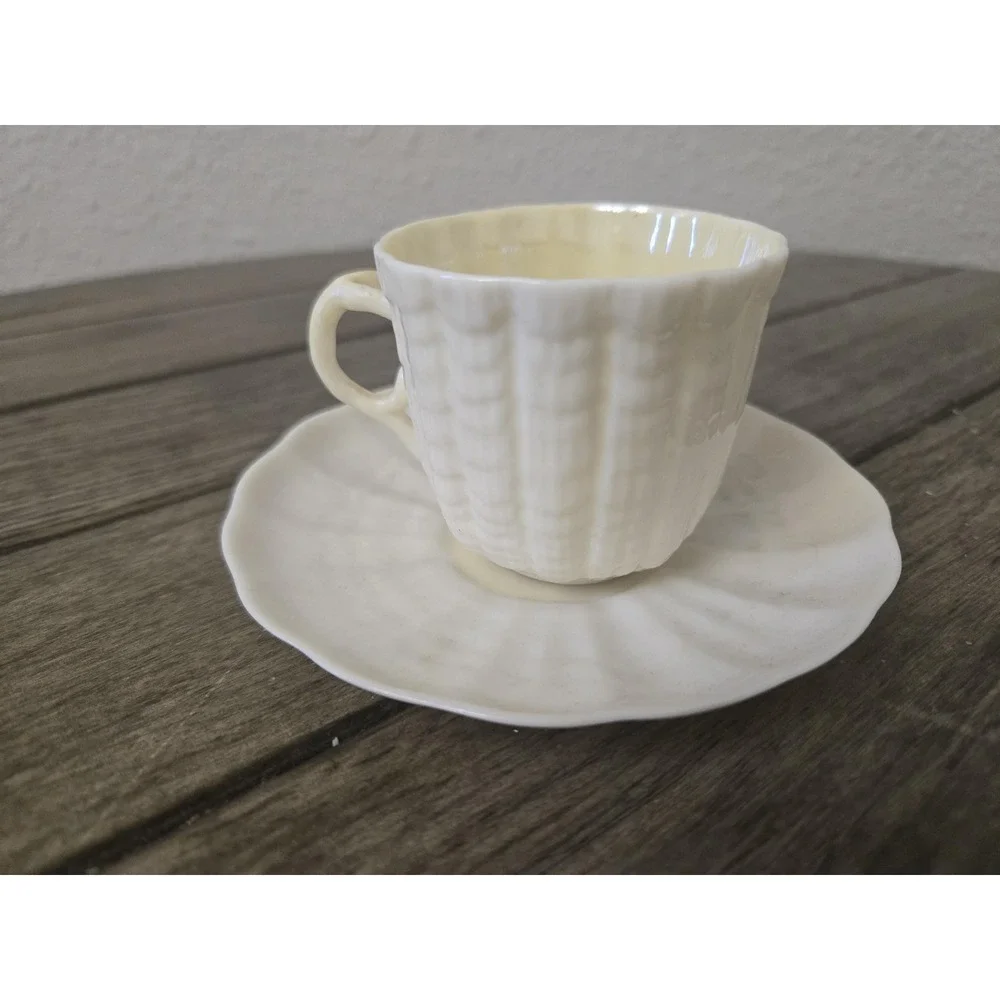 Vintage Belleek Ireland Limpet Pattern Tea Cup & Saucer Set 6th green mark