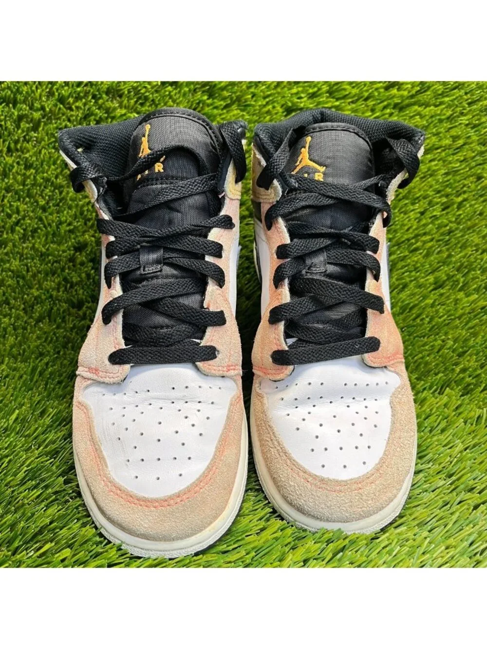 Nike Air Jordan 1 Mid Boys Size 4Y White Peach Athletic Leather Shoes Sneakers