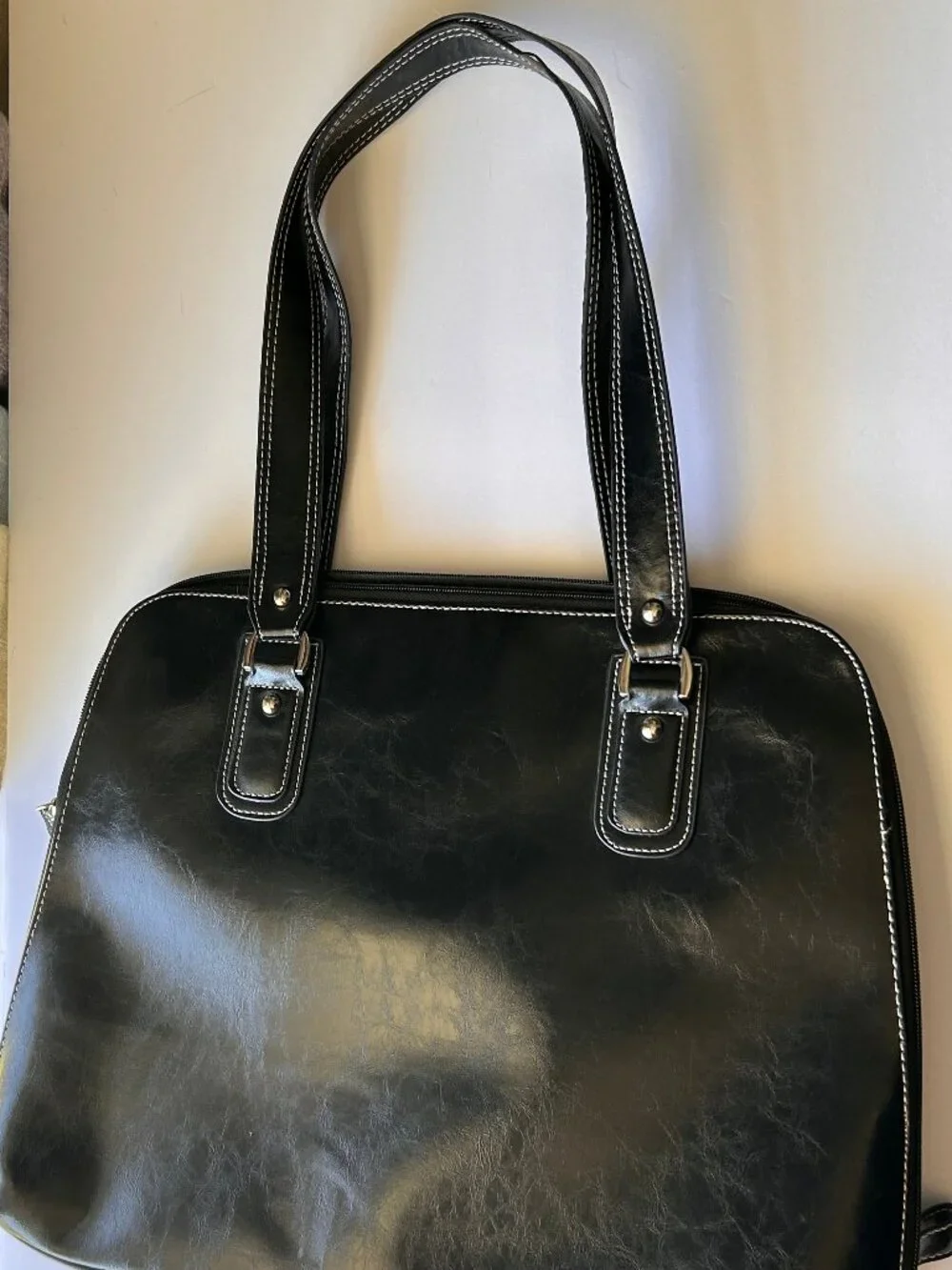 Samsonite Black Faux Leather Laptop Tote Work Bag Contrast Stitch Zip