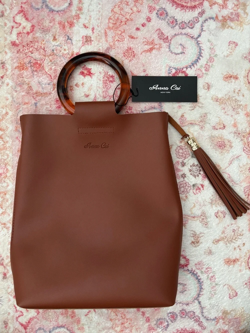 Anna Cai Chestnut Faux Leather Tote with Tortoiseshell Handles
