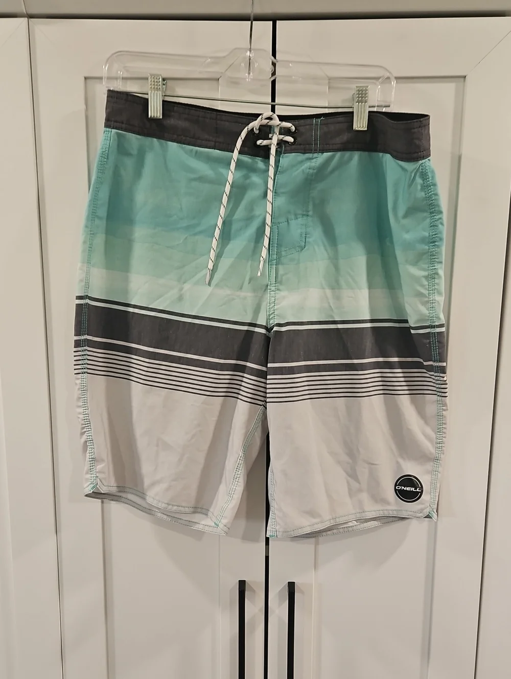 O'Neill Men's Mint Green, Gray & White Striped Board Shorts Size 32.