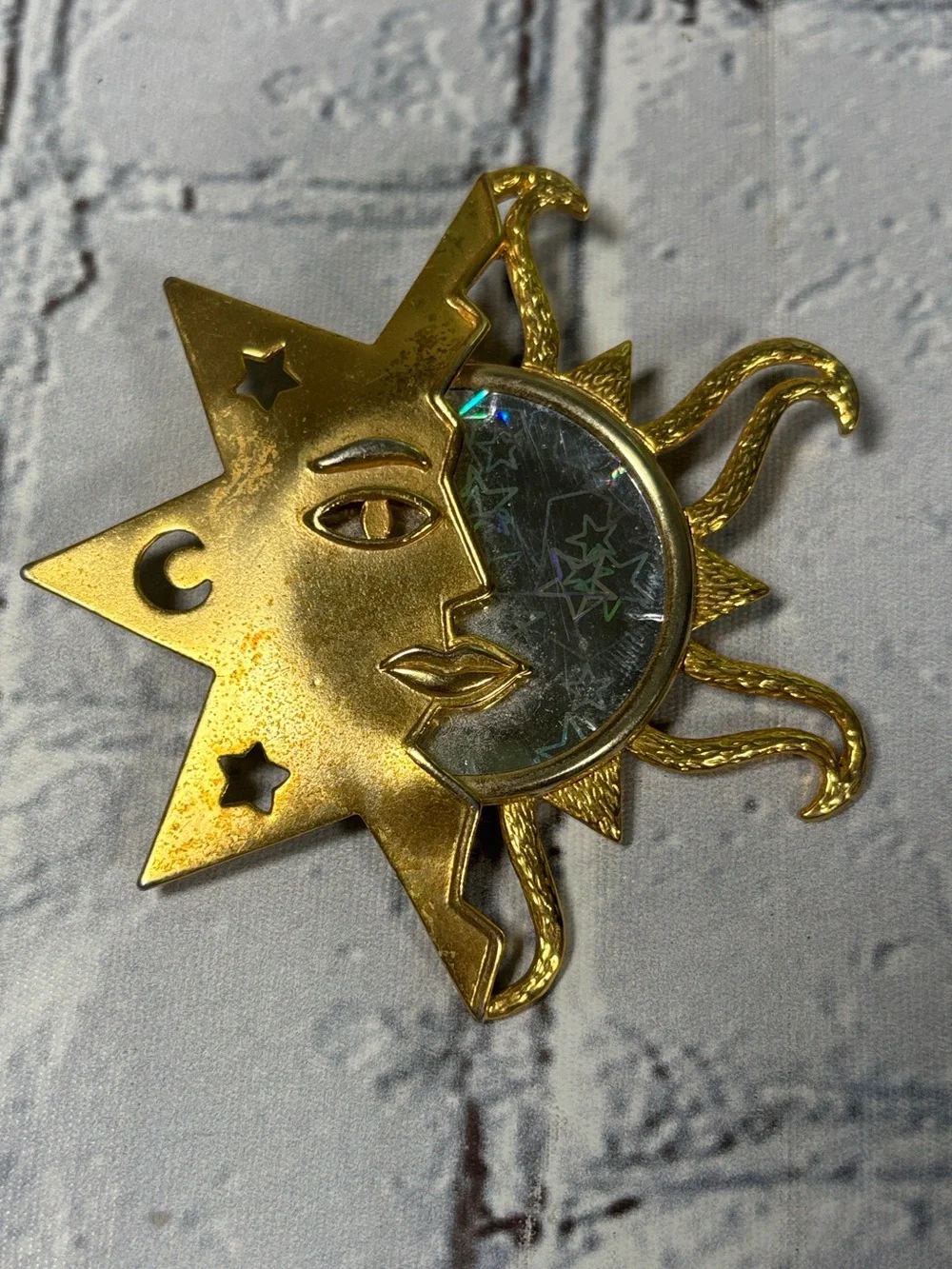 VTG JJ Jonette Signed Celestial Sun Moon Stars Gold Tone Pin Brooch 3
