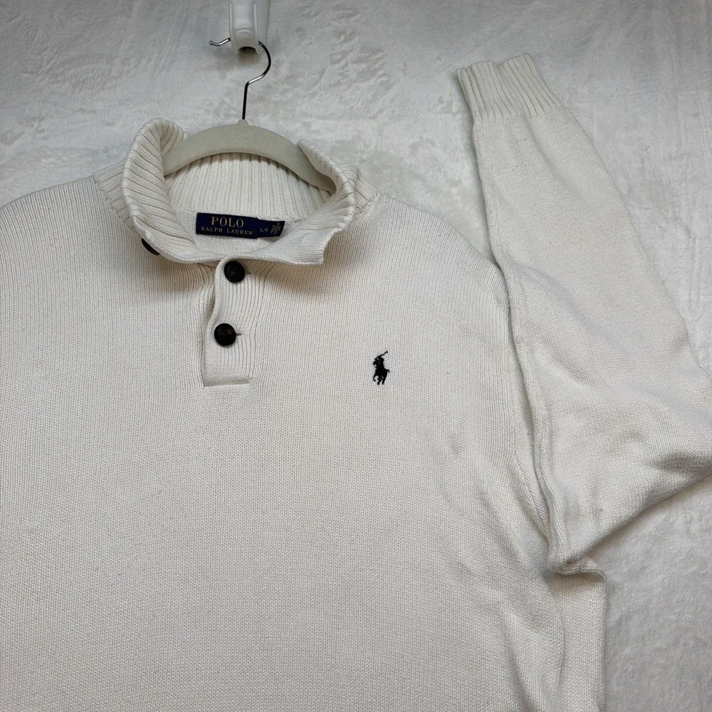 Polo Ralph Lauren‎ Sweater Mock Neck Button Collar Pony Logo Cream Mens Large