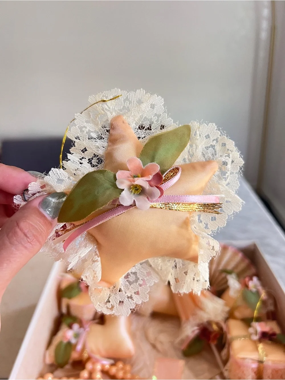 Vintage Holiday Peach Satin & Lace Decorative Ornaments