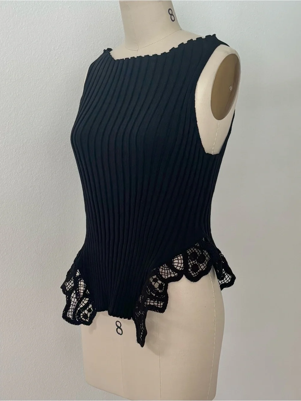 Zara Ribbed Knit Sweater Tank NWT Black Lace Peplum Boat Neck Romantic M