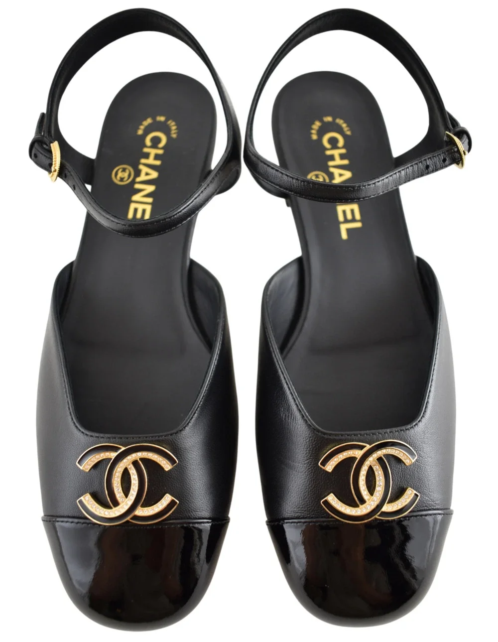 Chanel 25P Black Patent Gold CC Slingback Ankle Strap Ballerina Ballet Flat 40.5