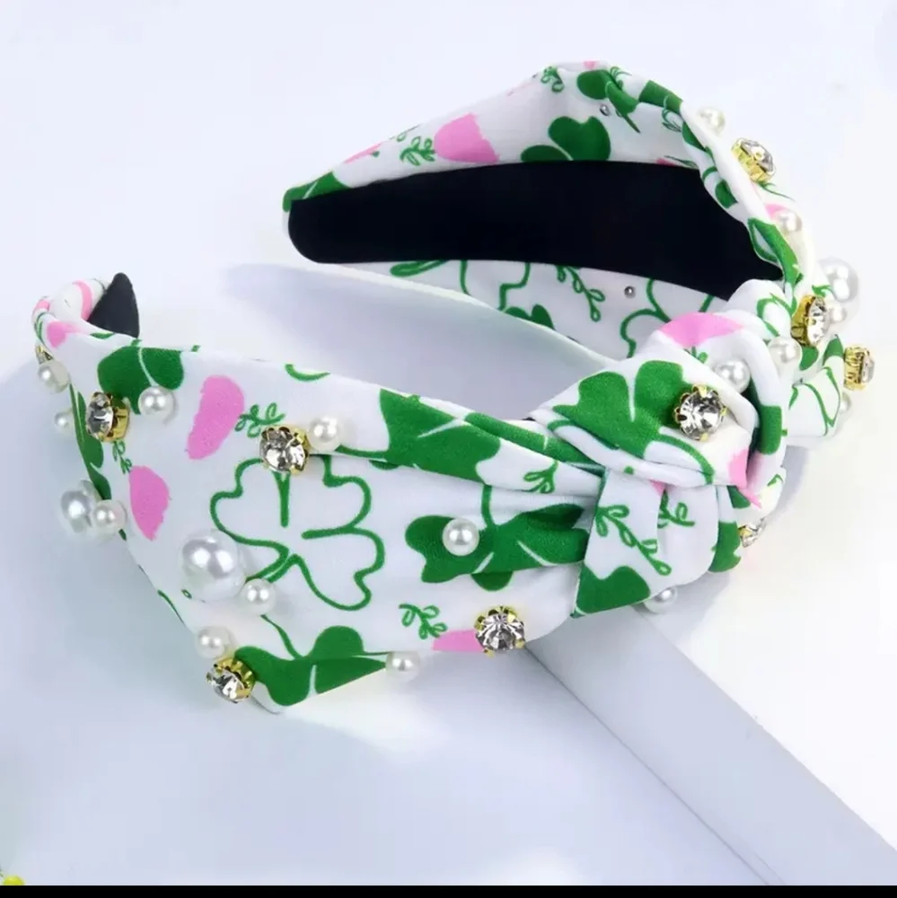 Headband Colorful Clover Leaf Wide Faux Pearl Sparkling Rhinestones