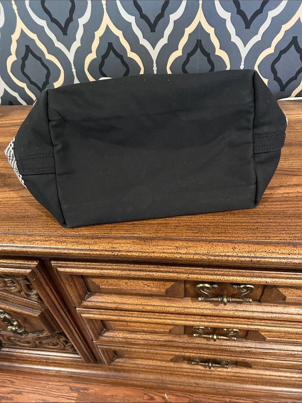 Lands' End Large Black and White Plaid Canvas Tote with long Straps with Zipper