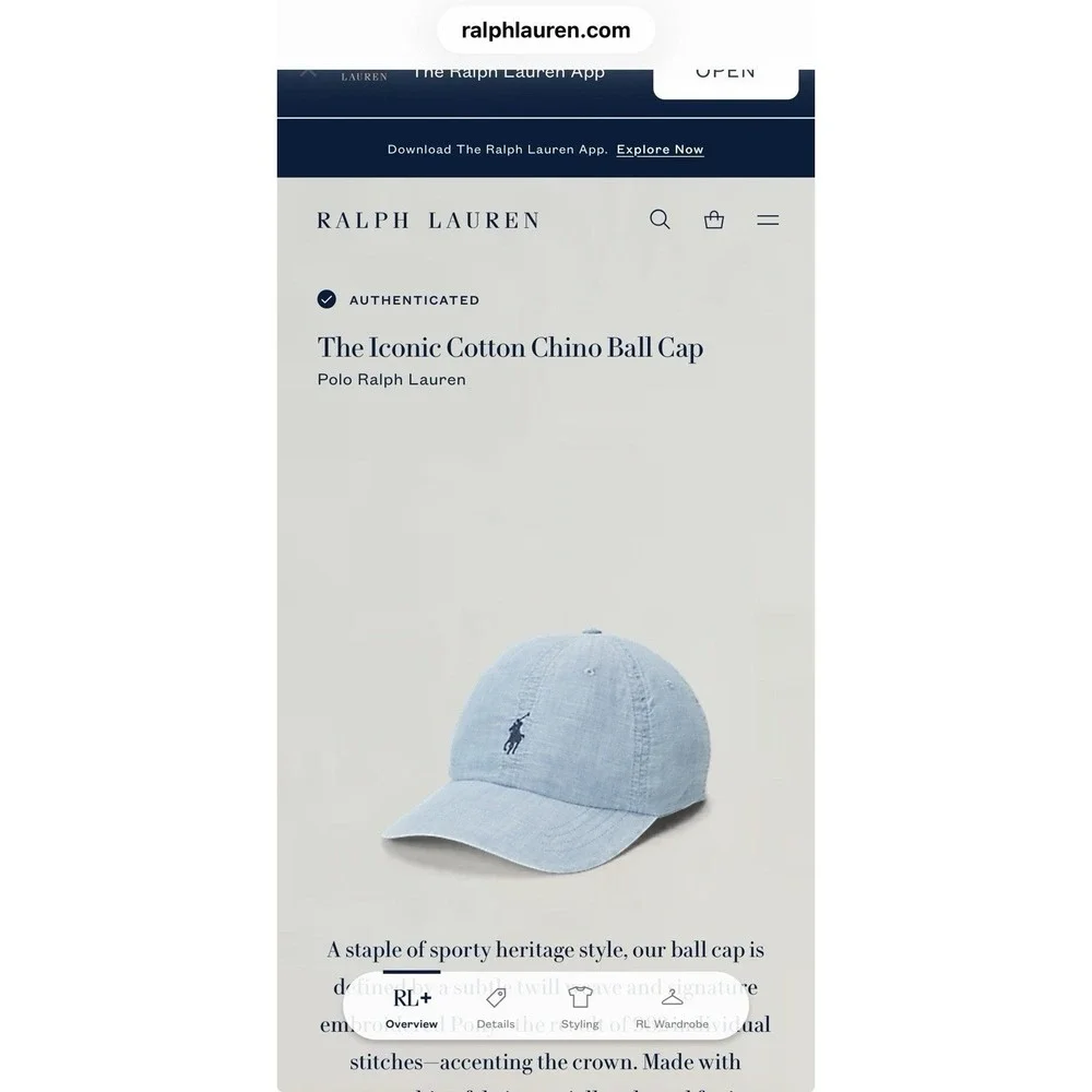 Polo Ralph Lauren OS Iconic Cotton Chino Ball Cap Light Blue Chambray Pony NWT