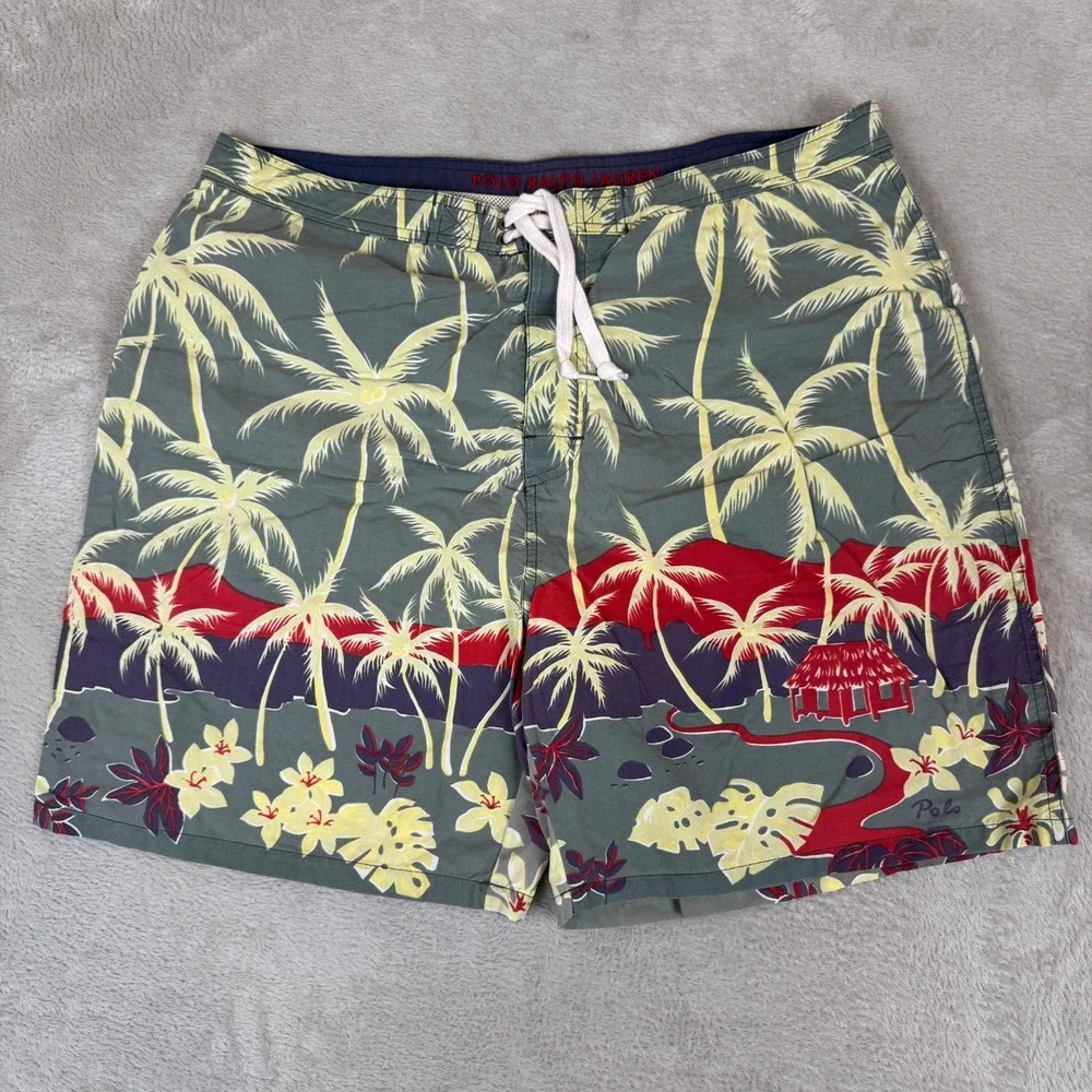 Vintage 90s Polo Sport Ralph Lauren Hawaiian Tropical Swim Trunks Mens 36 Green‎