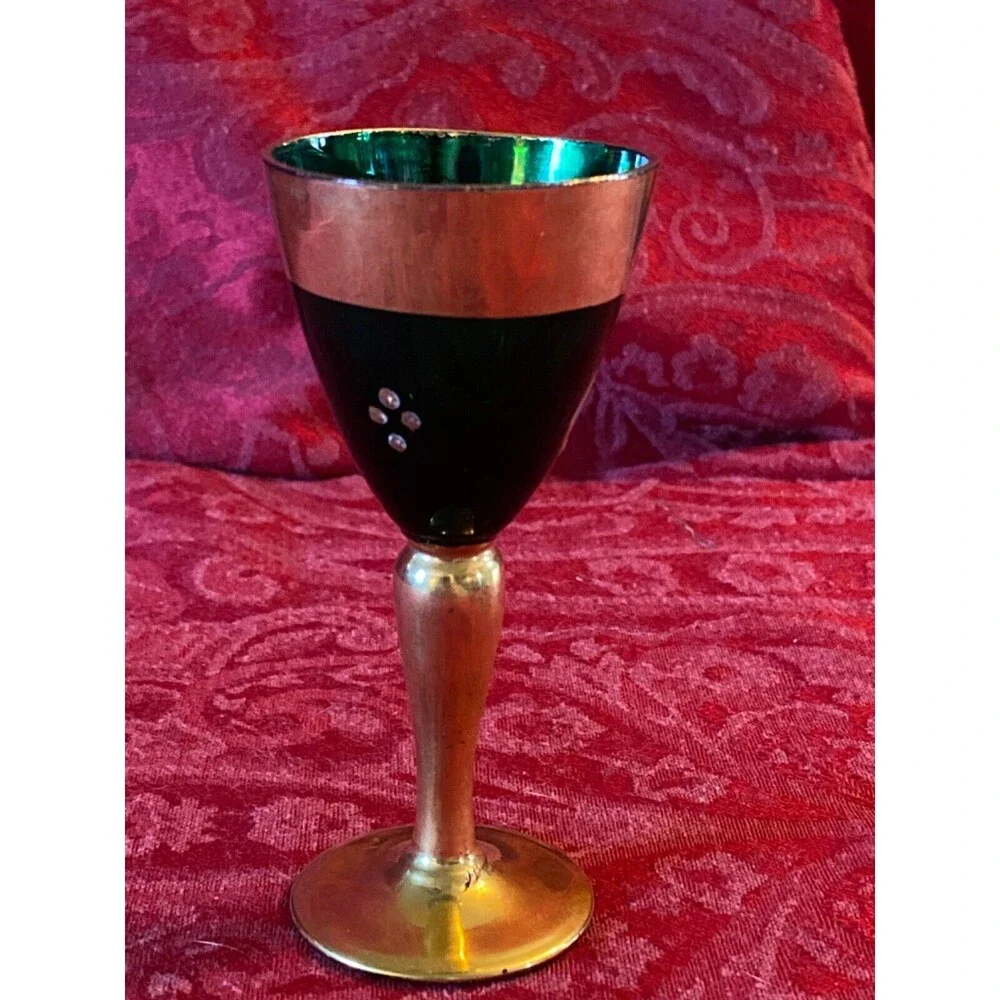 Vintage Antique Murano Green Hand Painted Wine Glass 24kt gold - Replacement - K