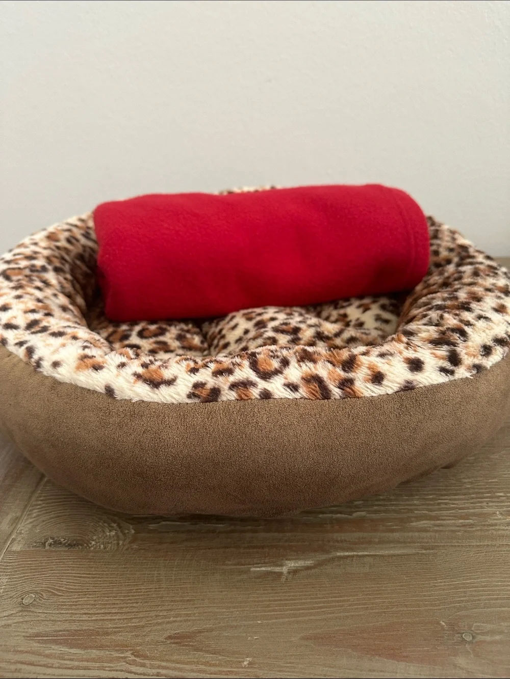Leopard Print Doggy Bed with Red Fleece Blanket