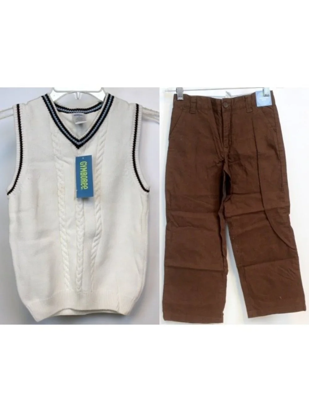2008 Gymboree Aviator Easter Boys 2pc Cable Sweater Vest Brown Linen Pants sz 6