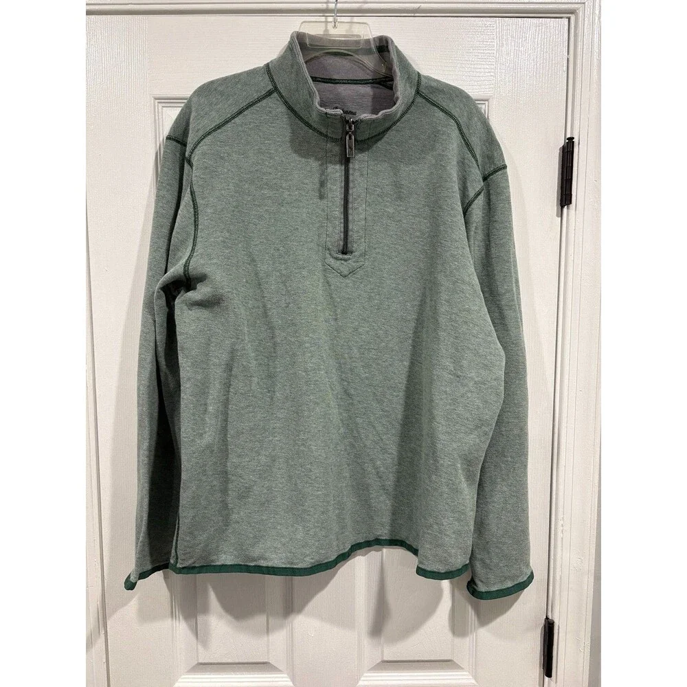 Tommy Bahama Men’s Quarter Zip Pullover Green Gray Long Sleeve Golf Sweater