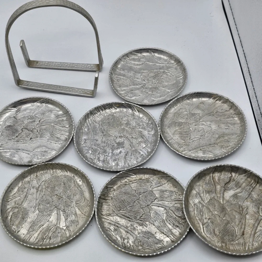Vintage Hammered‎ Aluminum Coaster Set Tulip Floral Design 7 Pc Mcm Cottagecore