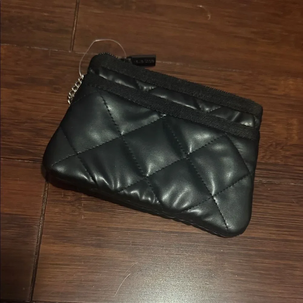 Quilted Black Faux Leather Keychain Card Wallet - 2 Zip Pockets Multiple Cards