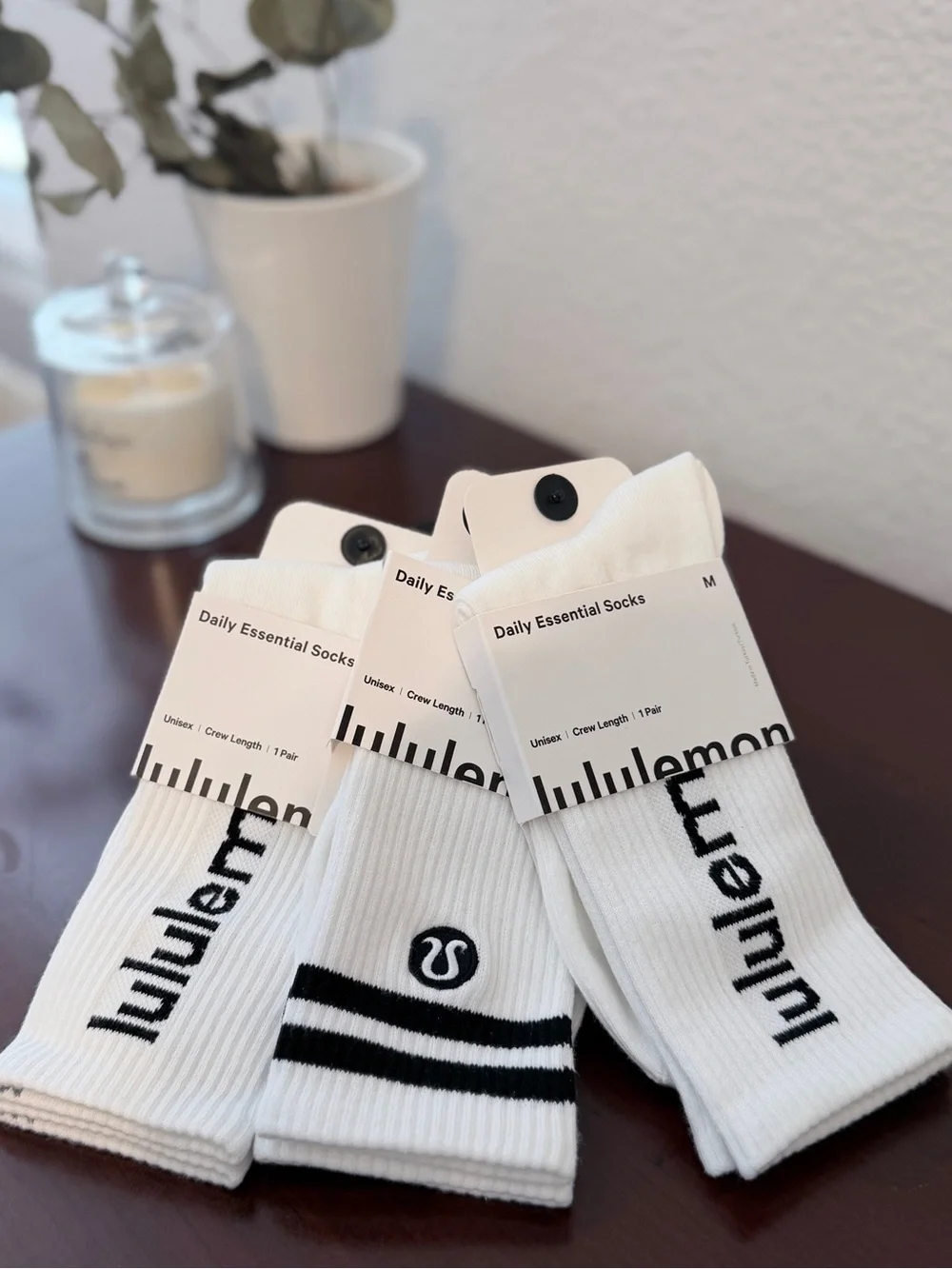 Lululemon Athletica White Crew Socks w/ Black Wordmark Logos and Stripes Medium