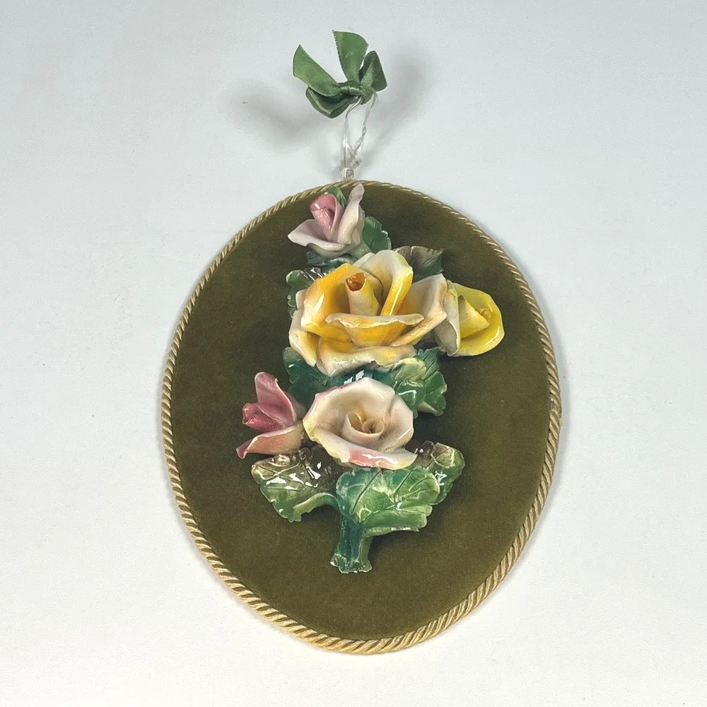 Heygill Wall Plaque Lime Green Porcelain Rose Velvet Italy Vintage 8 in x 6 in