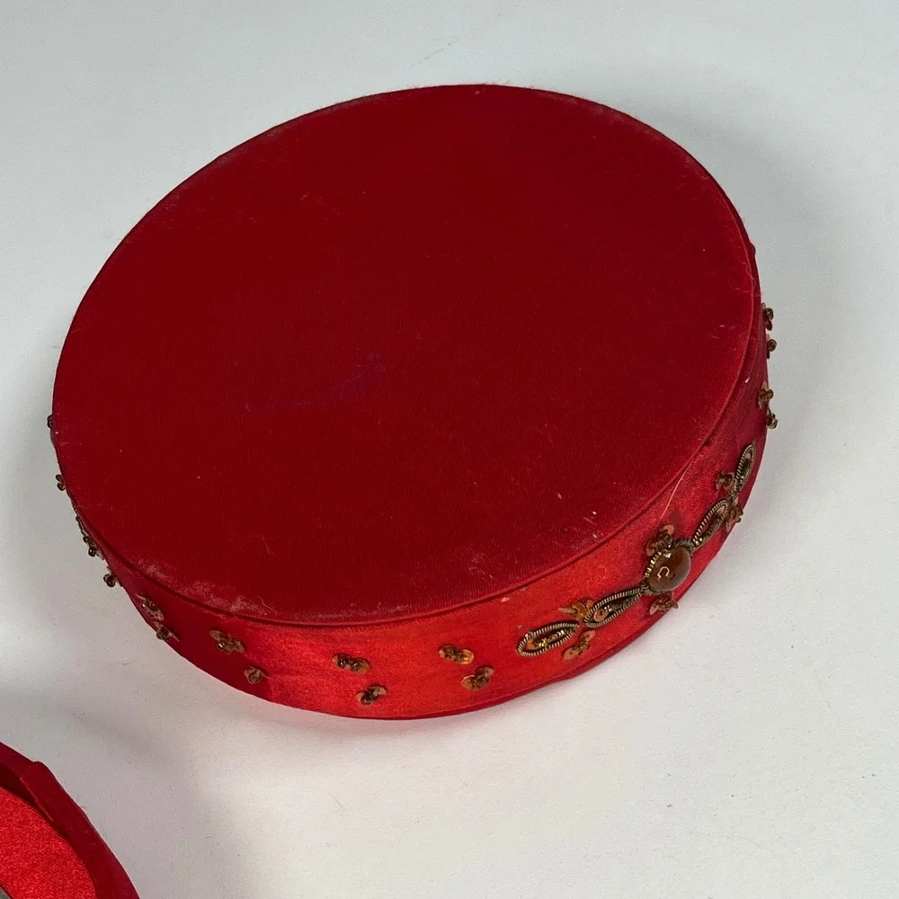 Jewelry Box Red Women Beaded Satin Round Mirror Cross 6.25 in DIA x 2.75 in H