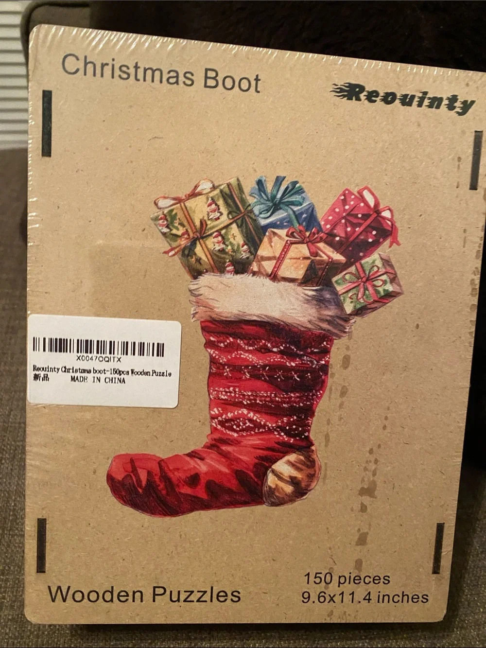 Requality Christmas Boot Wooden Puzzle - Red Holiday Stocking, 150 Pieces