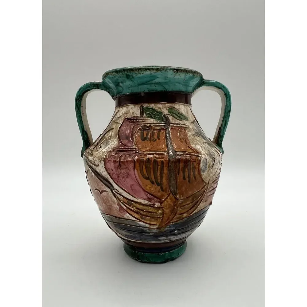 Italian Art Pottery Hand Painted Double Handle Vase 5” Flowers & Boat Signed