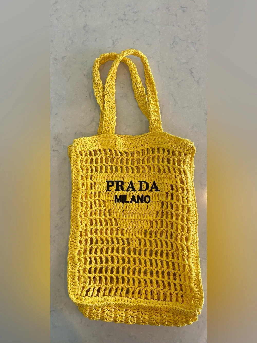 Yellow Raffia Tote with Black Logo Print