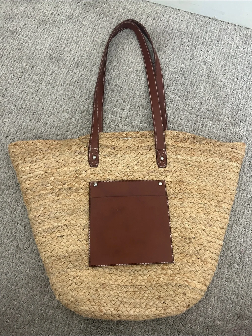 Haute Hippie Tan Straw Tote with Brown Leather Trim