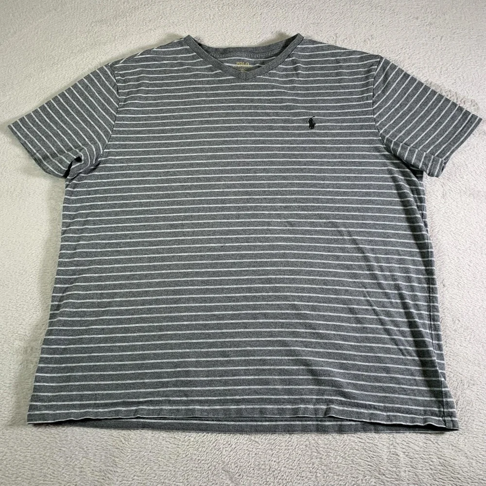 Polo Ralph Lauren Shirt Mens XL Gray White Striped Cotton Tee Casual‎ Crewneck