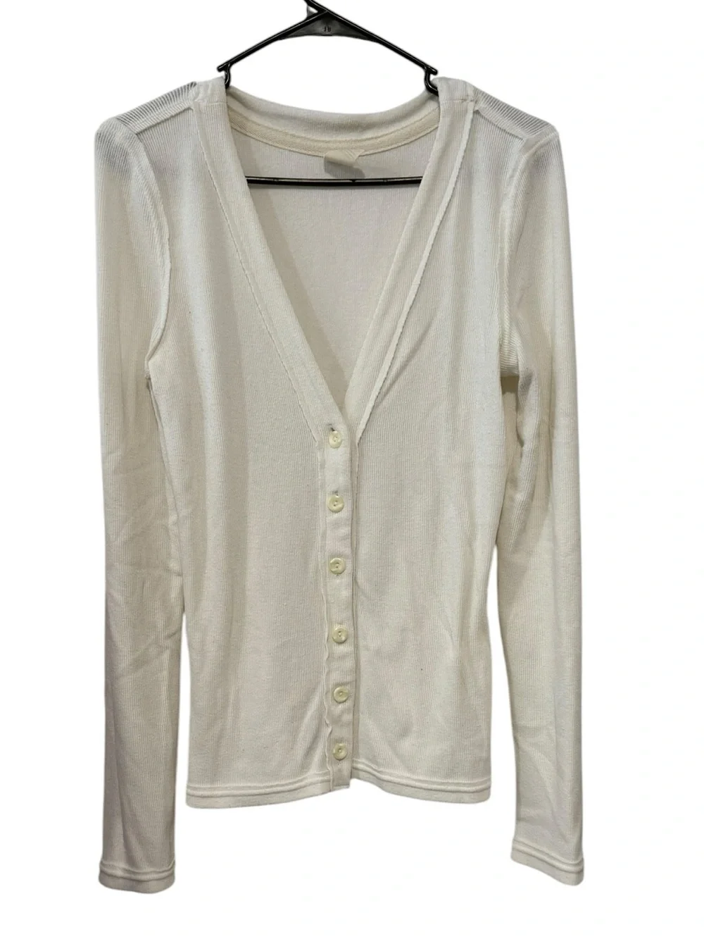 We The Free Large Off White Ribbed Distressed V Neck Button Cardigan Thermal