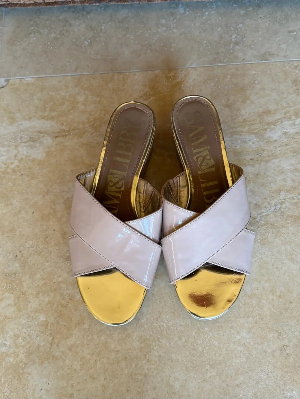 Sam & Libby Blush Patent Cork Wedge Slides