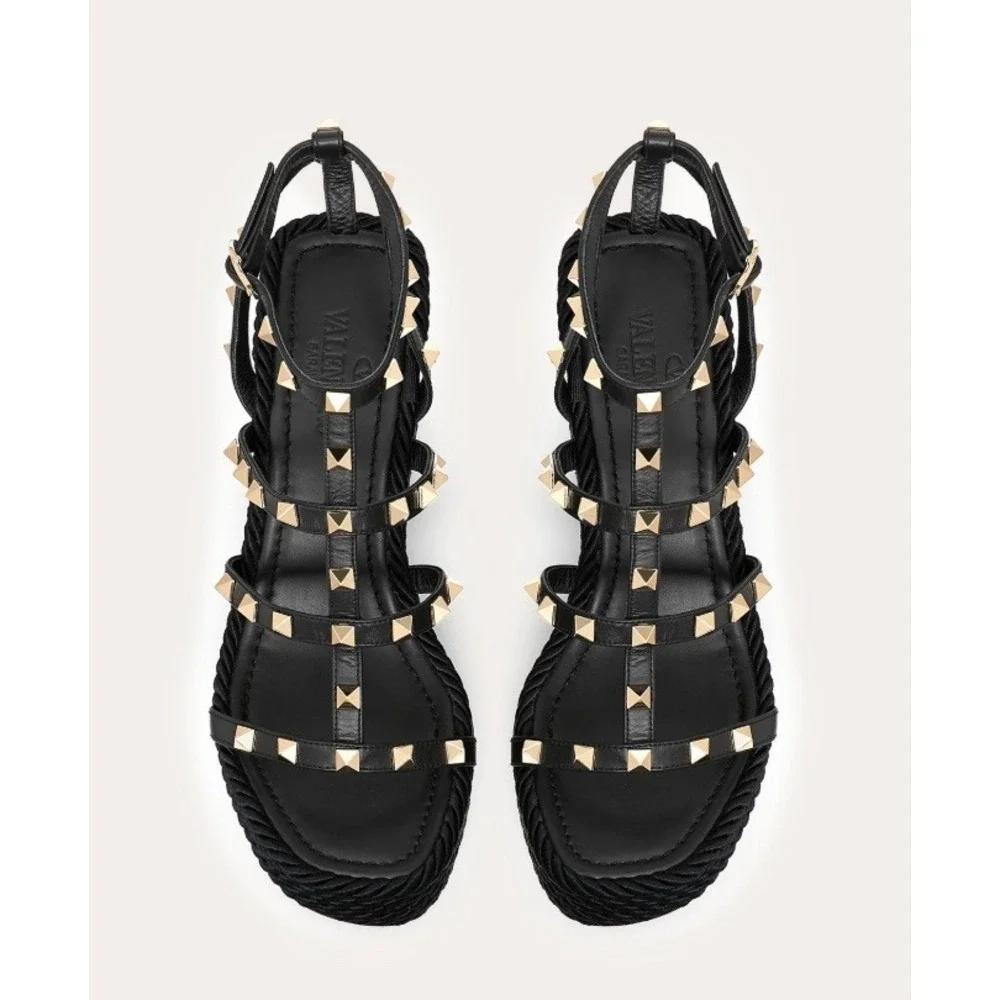 Valentino Garavani Rockstud Calfskin Wedge Sandals Black Size 41
