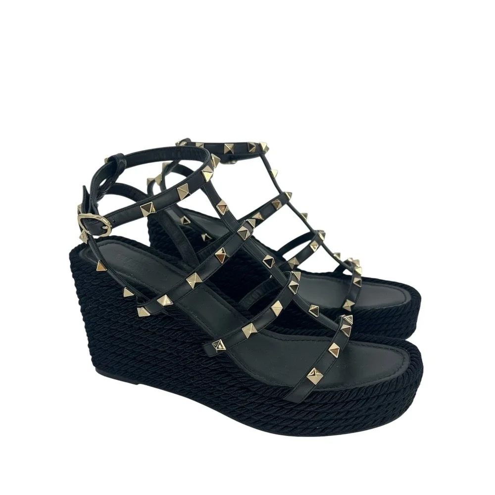 Valentino Garavani Rockstud Calfskin Wedge Sandals Black Size 41