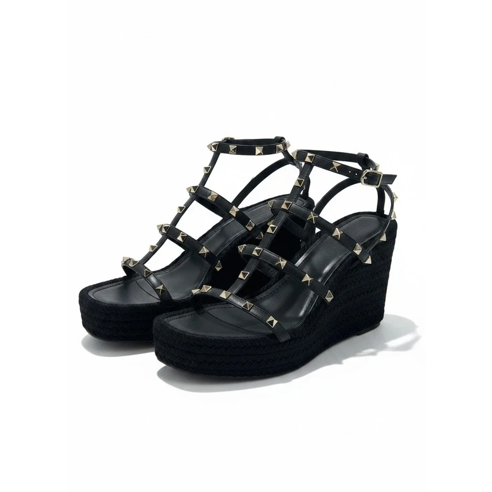 Valentino Garavani Rockstud Calfskin Wedge Sandals Black Size 41