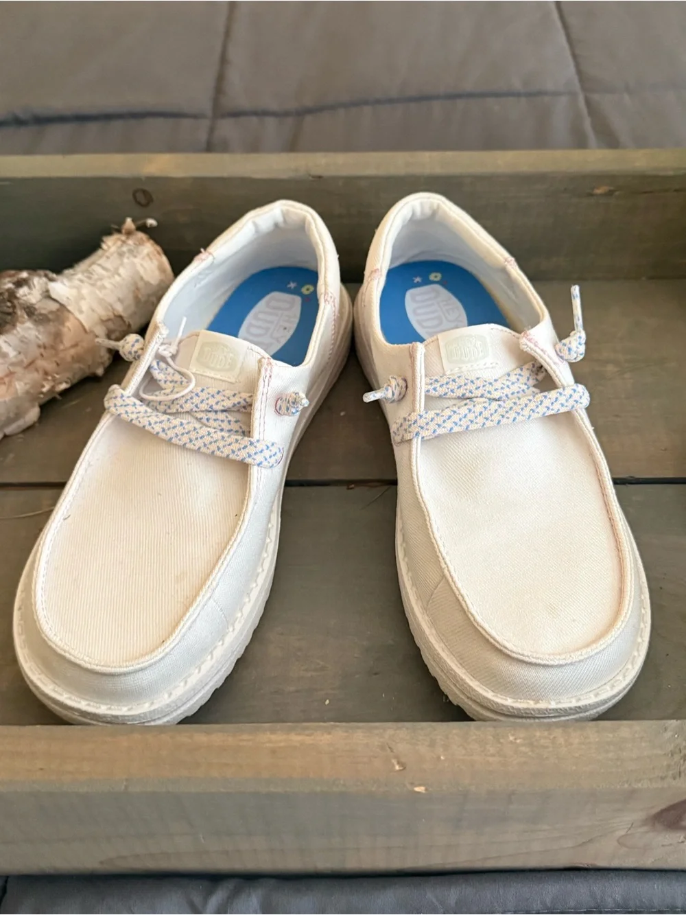 Hey Dude White Canvas Slip-On Boat Shoes with Patterned Laces Size 3