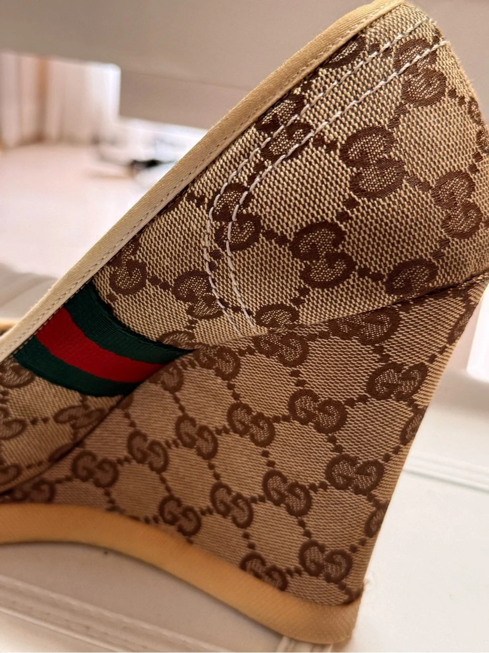 Gucci Brown Monogram Wedge Peep-Toe Pumps with Red-Green Web