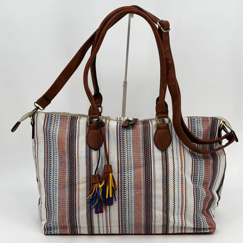 Jen & Co River Weekender Womens Large Striped Canvas Vegan Leather Tassel Boho