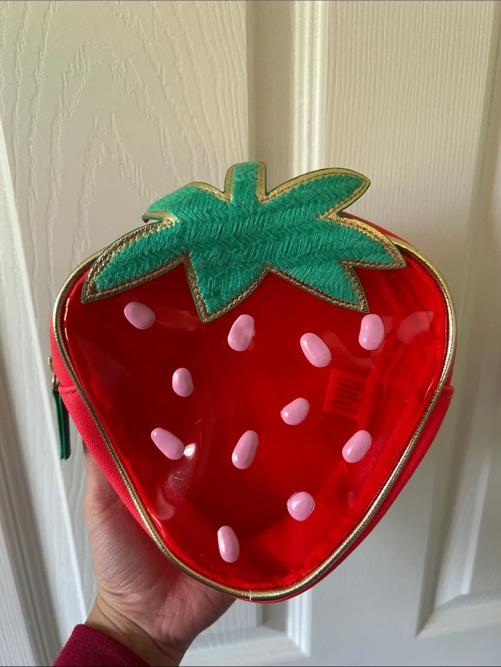 Bath & Body Works Strawberry Clear Cosmetic Bag with Green Leaf Accent