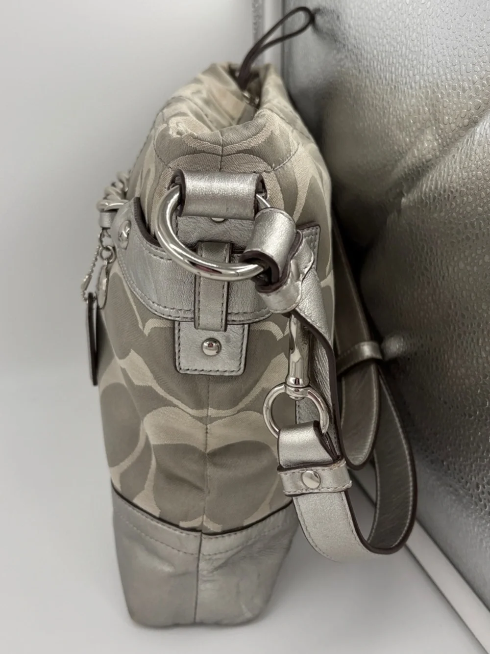 Coach Silver and Gray Signature Chain-Trim Shoulder Bag