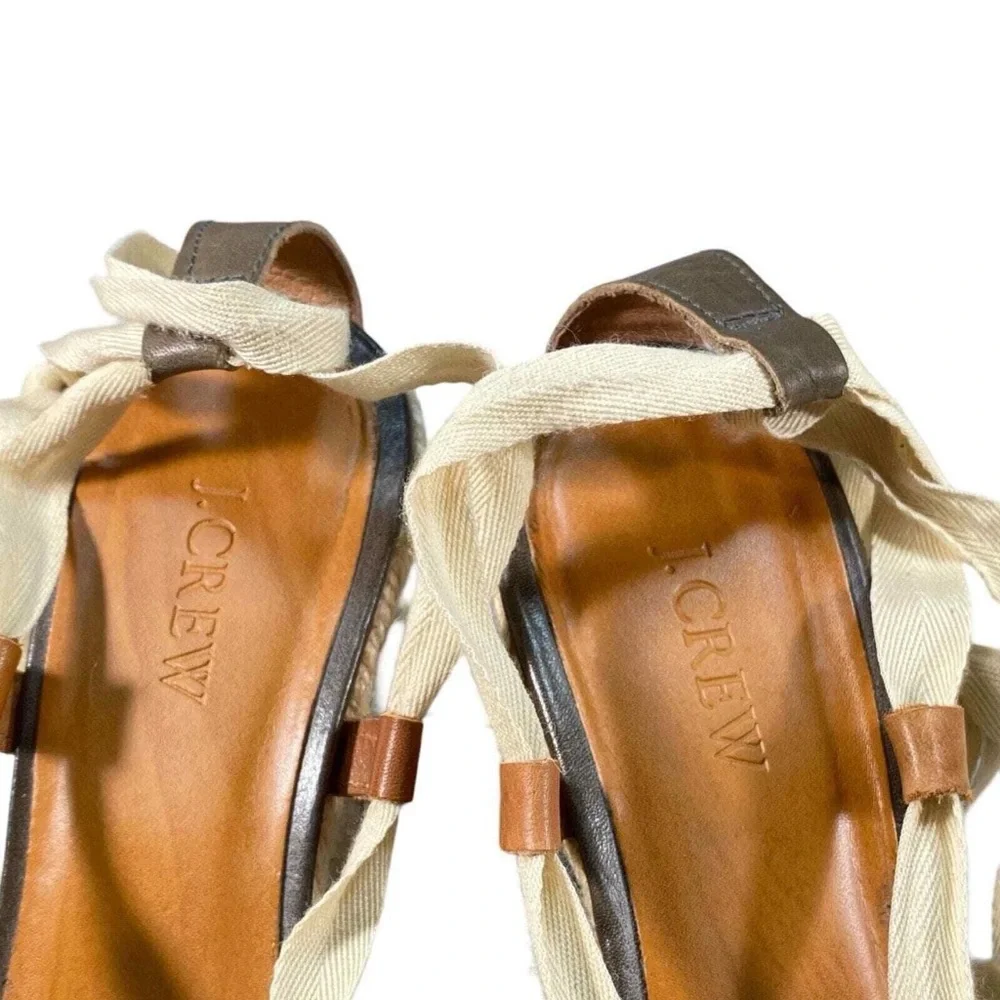 J Crew Tan and Beige Espadrille Wedge Sandals with Ankle Tie