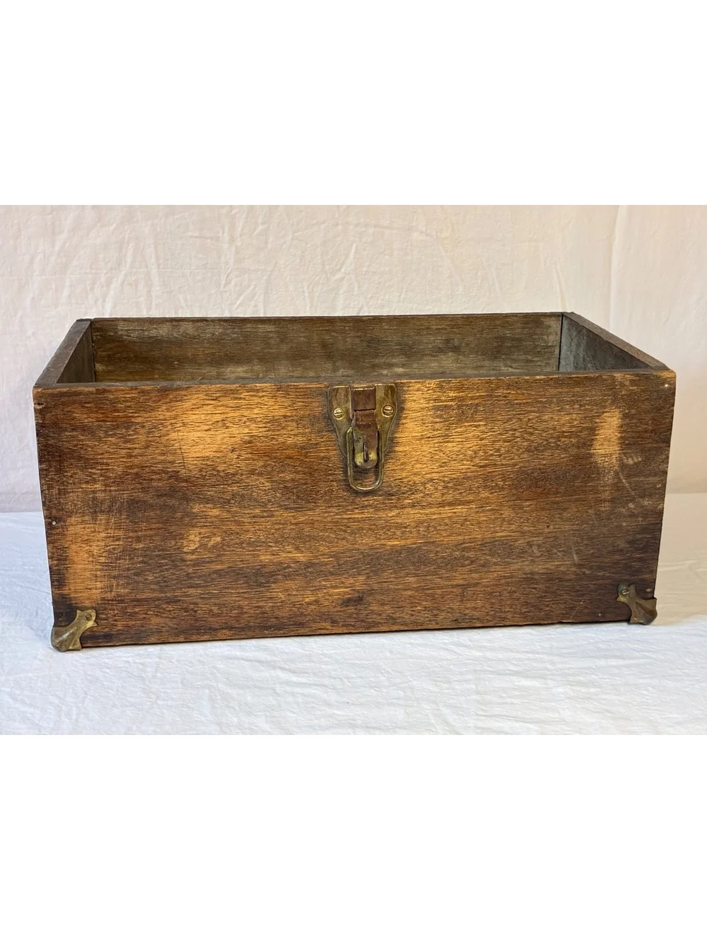 Vintage Wooden Storage Box with Brass Hardware and Corner Protectors