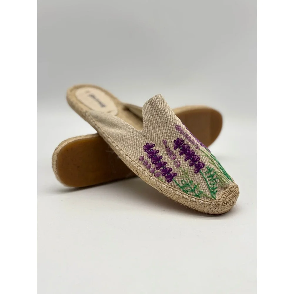 Soludos Lavender Embroidered Espadrille Mules Womens10 Tan Purple Floral SlipOn